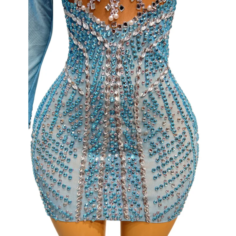 Sexy Mesh Transparent Sparkly Strass Ketten Langarm Kurzes Kleid Feiern Abend Prom Geburtstag Kleid Bühne Party Kleid