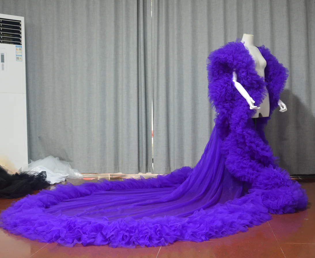 หรูหราชุดยาวเต็มรูปแบบ ruffles Cape เสื้อคลุม Tulle ชุดแต่งงานแฟชั่น STAGE เสื้อคลุม CUSTOM PARTY PROM ชุด