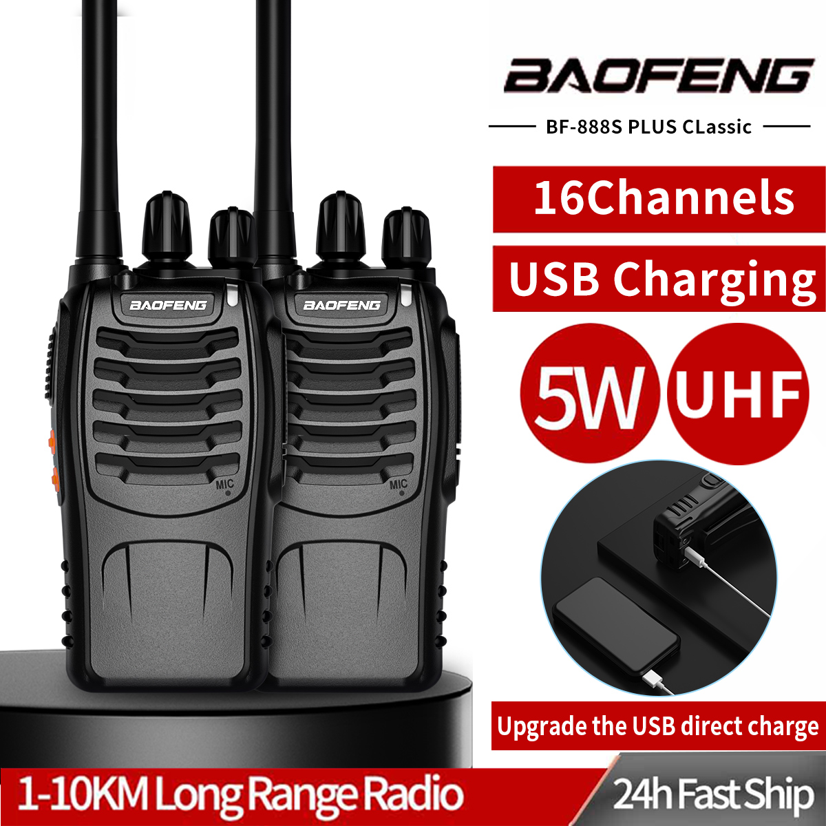 Walkie-talkie portátil inalámbrico Baofeng de 2 piezas, BF-888S mejorado Plus de largo alcance Uhf 430-440Mhz, carga tipo C BF888S