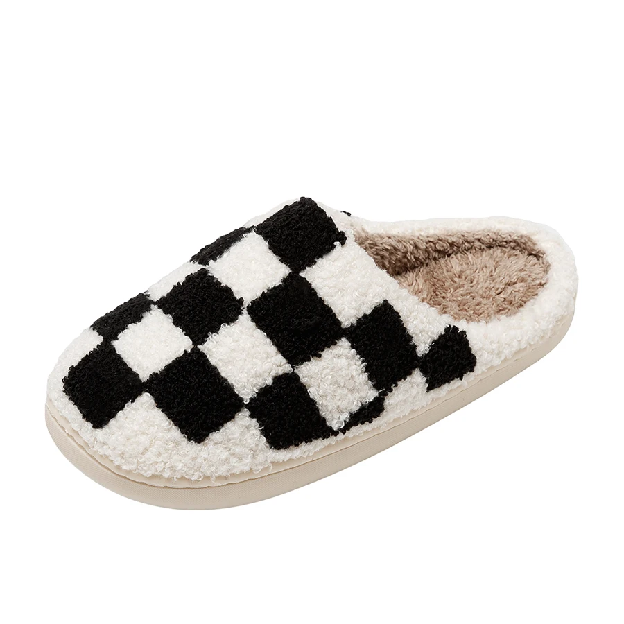ใหม่ Fuzzy รองเท้าแตะแฟชั่น Checker เย็บปักถักร้อยในร่ม Houseshoes ผู้หญิงสบายฤดูหนาว Fluffy House Retro Checkered พิมพ์รองเท้า