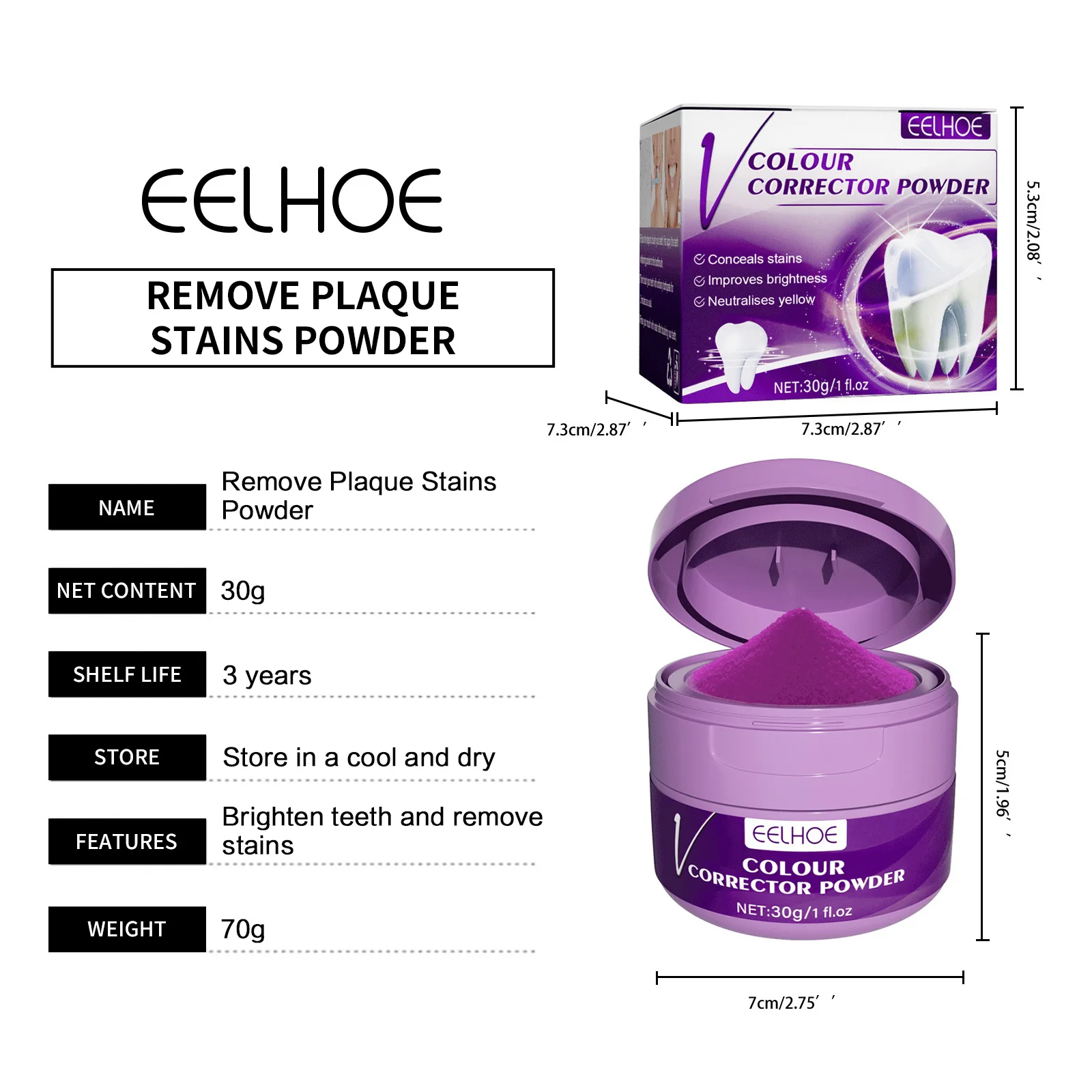 Blanqueamiento Dental, polvo morado, limpieza, higiene bucal, pasta de dientes, elimina las manchas de placa, aliento fresco, herramientas de cuidado de blanqueamiento Dental