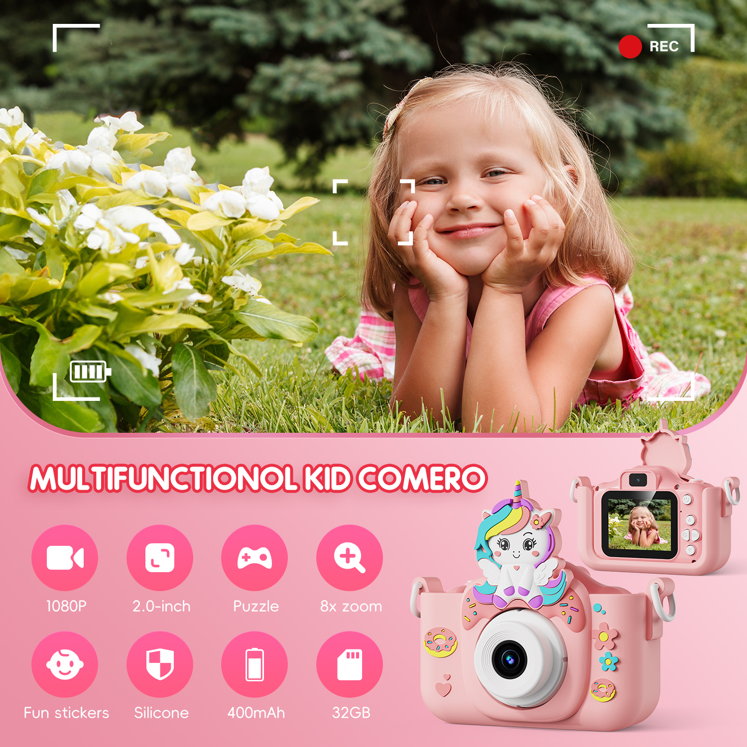 キッズカメラおもちゃ 2 インチ IPS スクリーンデジタルカメラ写真撮影 Selfie 32GB カード教育ゲーム女の子男の子誕生日ギフト