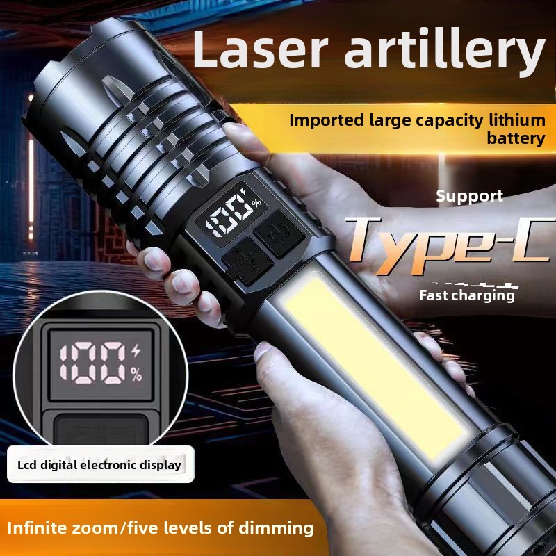 Rechargeable High Power LED Flashlight Zoomable Torch with LCD Display, Emergency Side Light, Waterproof Camping or Outdoor Use