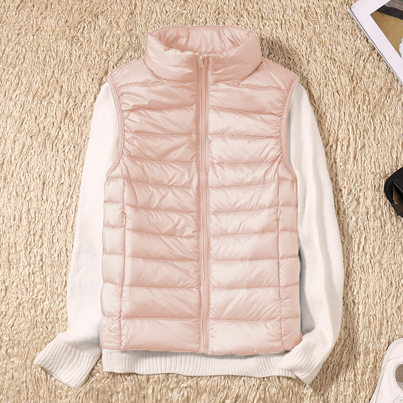 Chaleco de plumón con cuello levantado para mujer, chaqueta acolchada informal sin mangas, chaleco plegable ultraligero para mujer