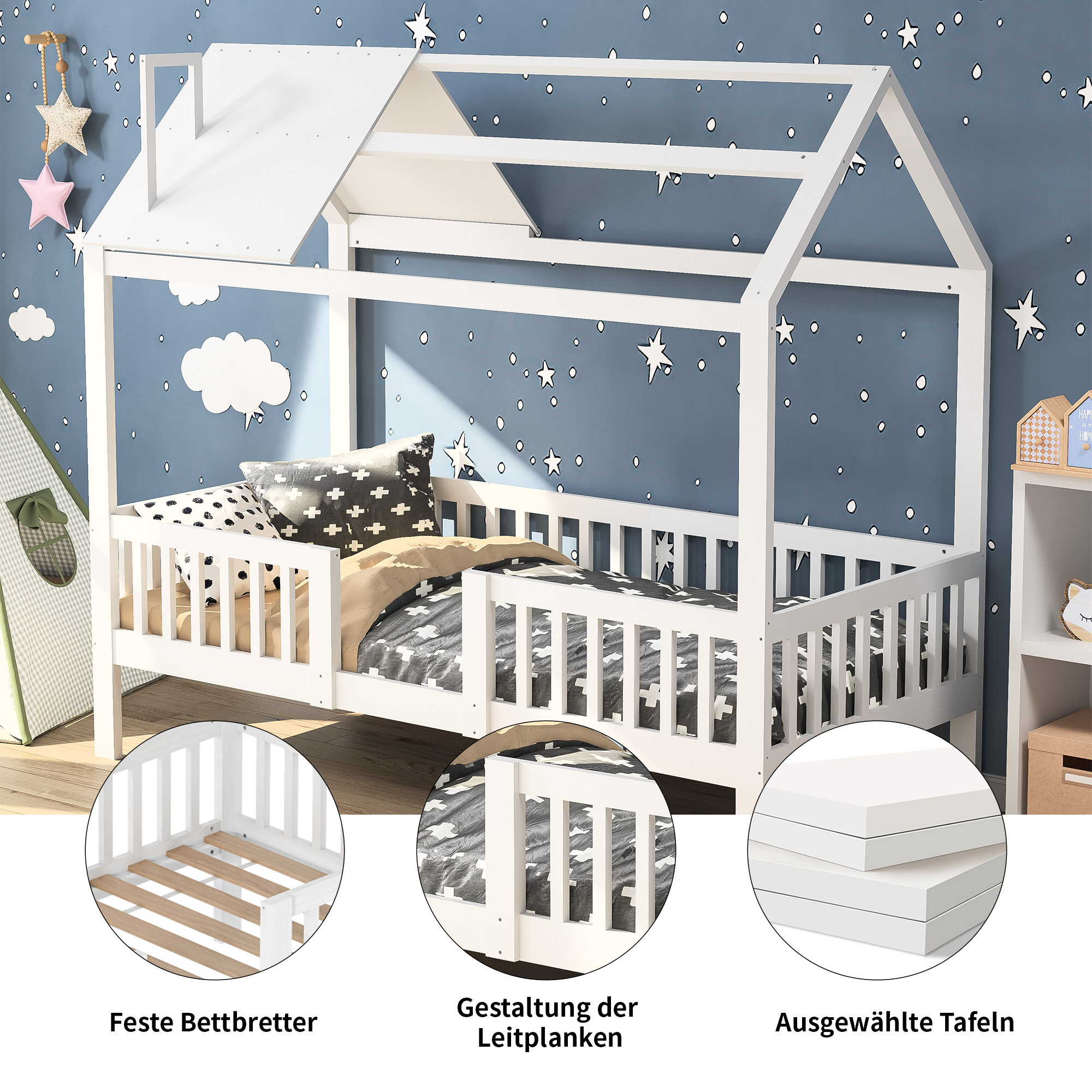 Cama de berço Lazyspace 90x200cm, cama infantil com grade protetora proteção contra quedas, estrutura de cama de solteiro de madeira, sem colchão