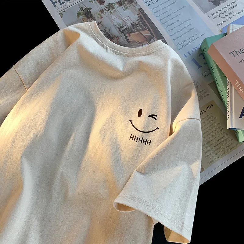 ผู้ชายผู้หญิงยิ้ม Face ตลกแฟชั่นคู่เสื้อยืดแขนสั้น American Basic Simple ขนาดใหญ่หลวม Boys เสื้อสวมหัวด้านบน