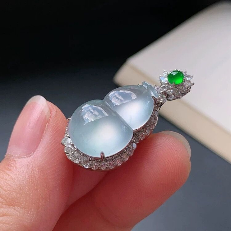 Natural Burmese Jade Fortune Pendant Inlay18kIce Gourd Jade Pendant Necklace for Women Gift