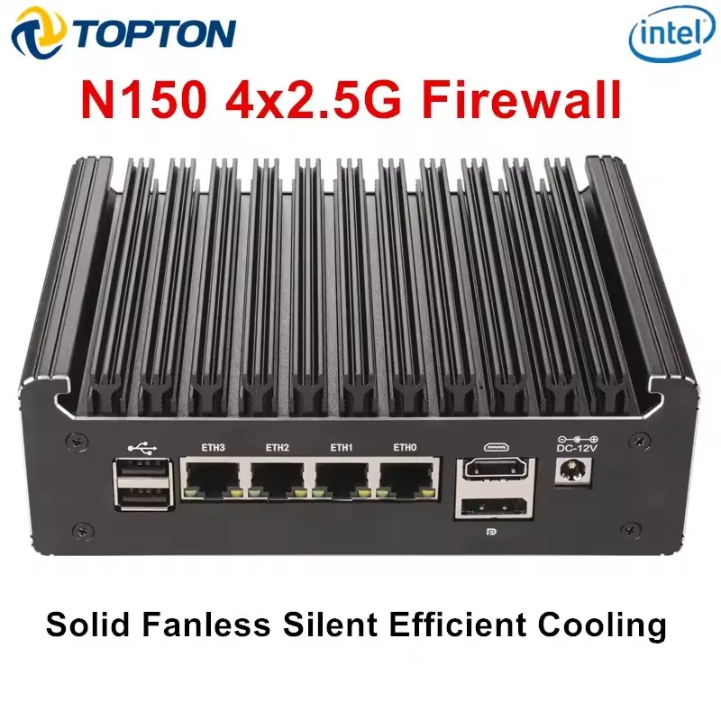 Topton Solid Fanless Mini PC Intel N150 Pentium N6005 4 LANs i226-V 2.5G DDR4 COM USB-C pfSense OPNsense ESXi Firewall Computer