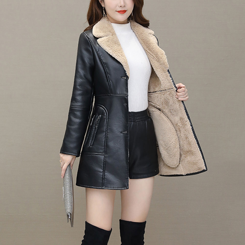 สตรีหนัง Windbreaker Plus กํามะหยี่หนา PU หนังผ้าฝ้ายเสื้อสูทยาวขนาดใหญ่แฟชั่นแจ็คเก็ตหนัง