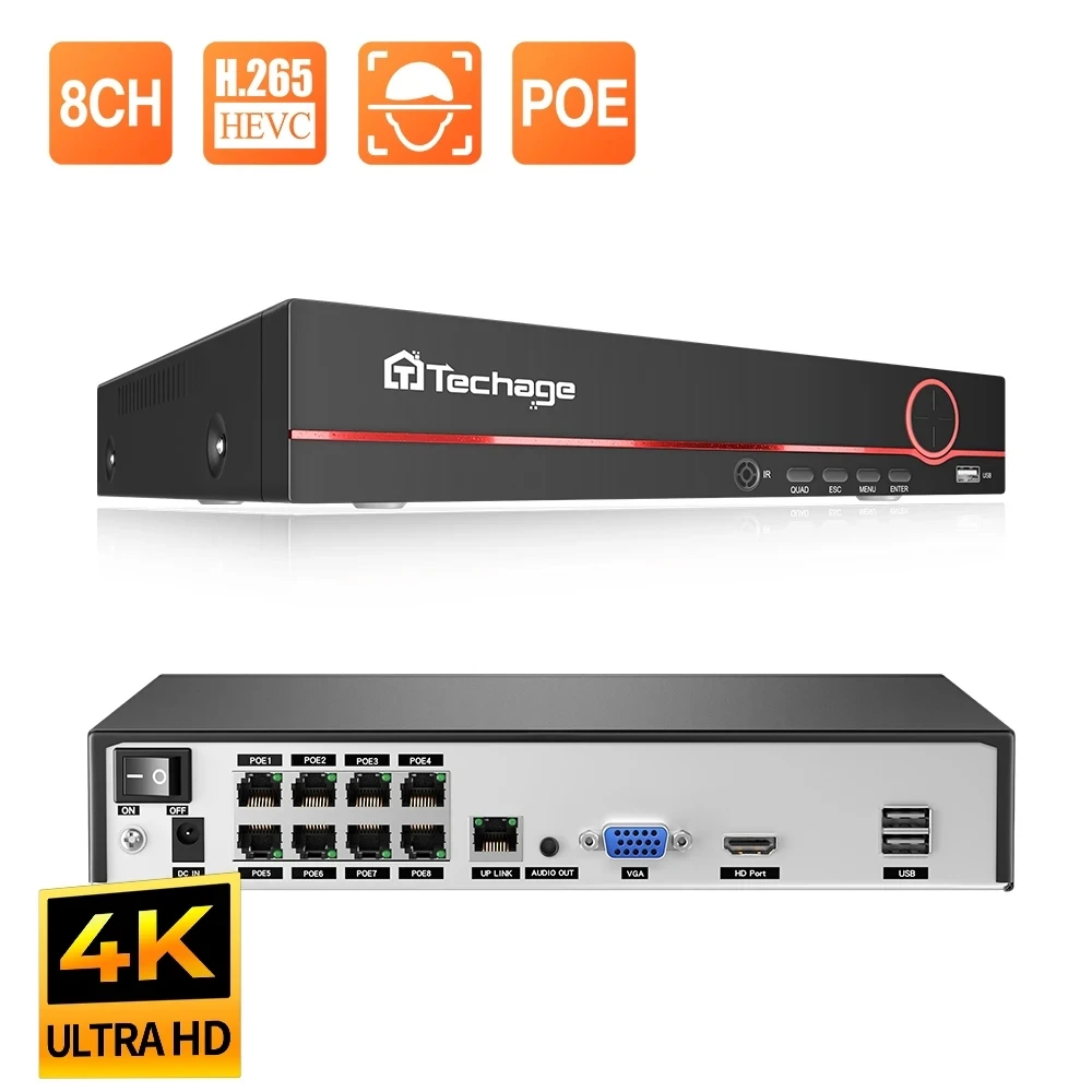 Techage H.265 8CH 4K 2K POE NVR Сетевой видеорегистратор безопасности до 16CH для системы видеонаблюдения POE IP-камера Recorder