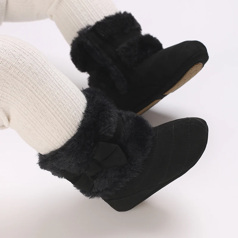 Zapatos de bebé de 0 a 18M, botas de nieve cómodas de felpa para invierno, bonitos zapatos de algodón con lazo, zapatos antideslizantes de suela blanda para bebé