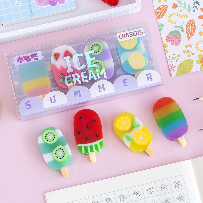 Lytwtw's-Juego de Mini borrador de goma con helado Kawaii para niños, papelería novedosa, suministros escolares y de oficina