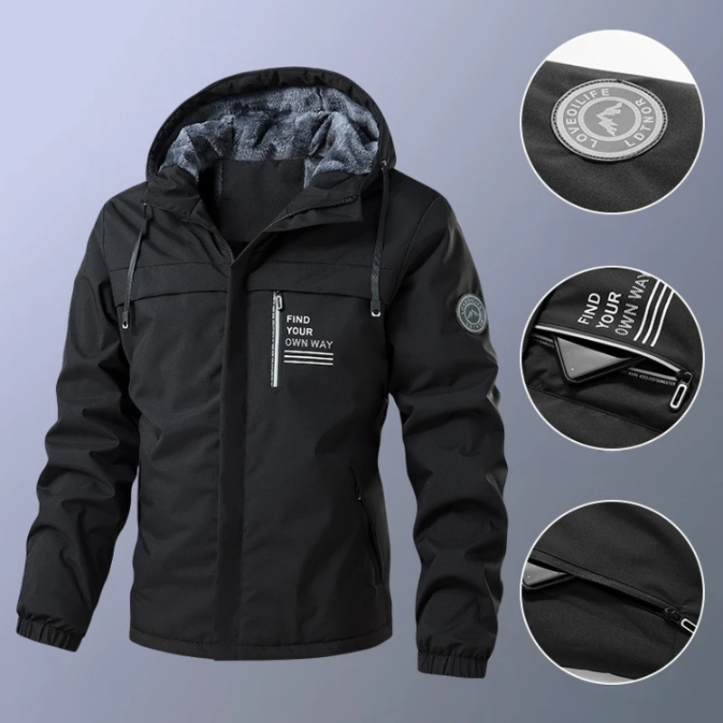UETEEY Pilotenjacken mit Kapuze für Herren, Wandern, Jagd, Windjacke, verdicktes warmes Fleece, Freizeitkleidung für Herren, 2024, Outdoor-Arbeitskleidung