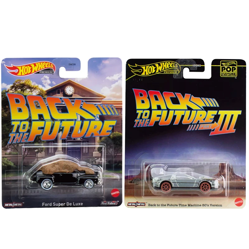 Hot Wheels-coche Premium Original, cultura Pop, juguetes De Regreso al futuro para niños, máquina De tiempo fundido a presión, regalo Ford Super De Luxe, 1/64