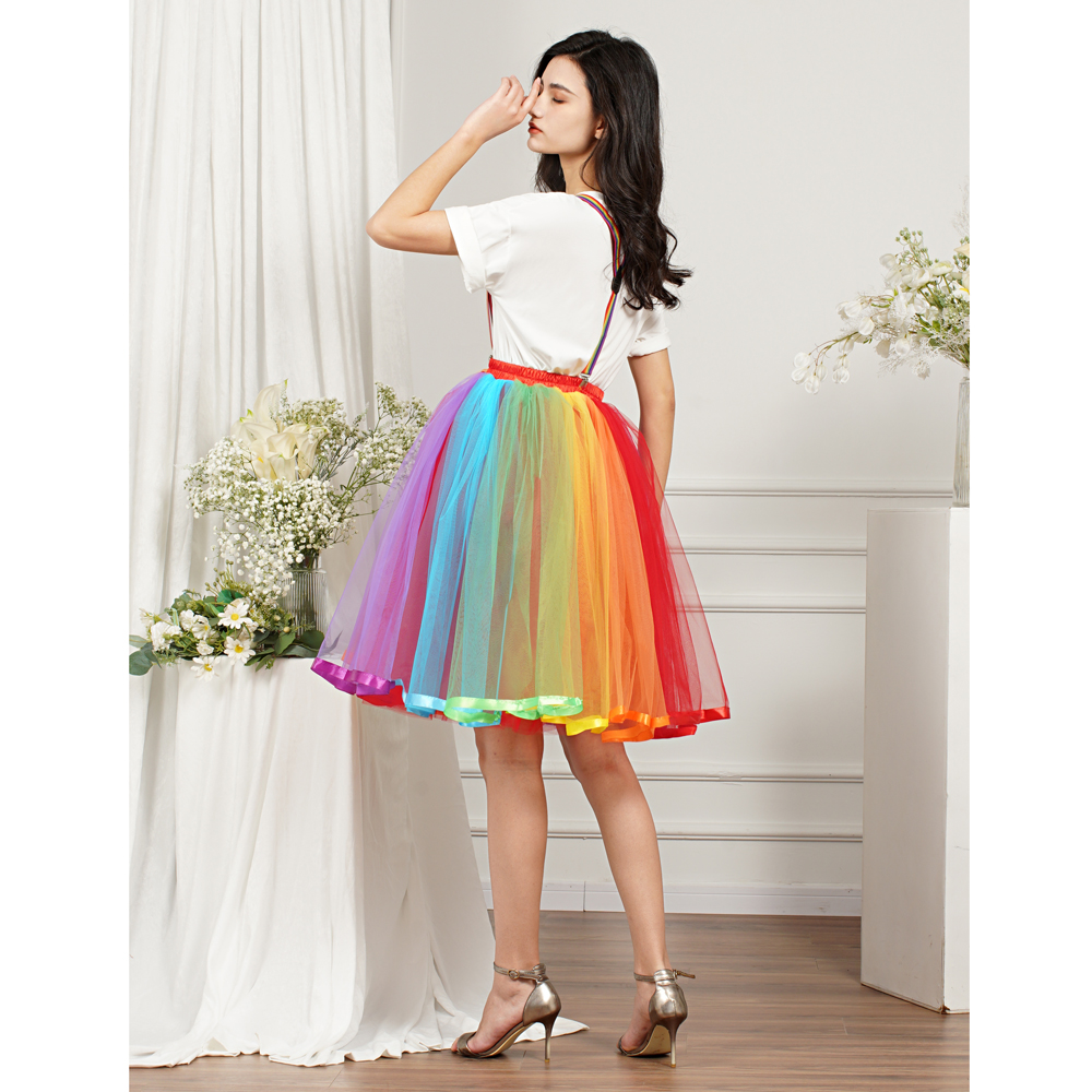 Bunter Damen-Regenbogen-Kurzrock, hochelastisches Band, 5-lagig, weicher Tüll, Tutu, Krinoline, Unterrock, Mädchen, Abschlussball, Party, Ballkleid