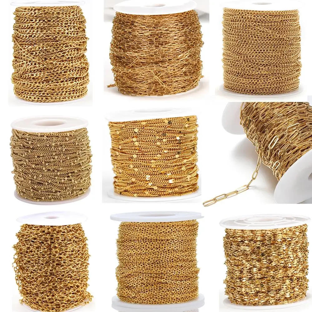 Cable de eslabones de acero inoxidable de 2 metros, cadenas doradas para hacer joyería DIY, cadena Rolo, cuentas, collar, pulsera, tobillera, componentes