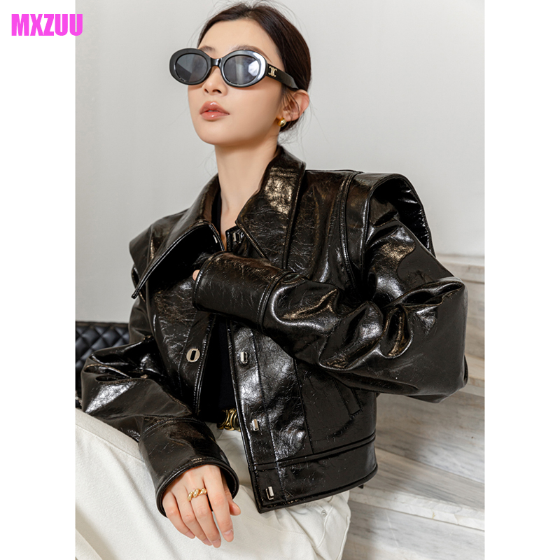 Lakleer Jas Vrouwen Herfst Amerikaanse Retro Hoge Kwaliteit Schapenvacht Piek Revers Korte Slanke Jas Kurtka Skórzana Damska