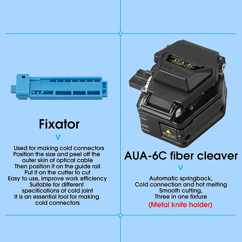 FTTH Fiber Optic Tool Kit With AUA-6C Fiber Cleaver Optical Power Meter Fiber Stripper Aramid Scissors 10mw Visual Fault Locator