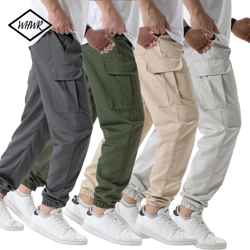 Calça de moletom cargo casual masculina primavera/outono S-2XL cintura cordão corredores caminhadas calças táticas para homens com bolsos