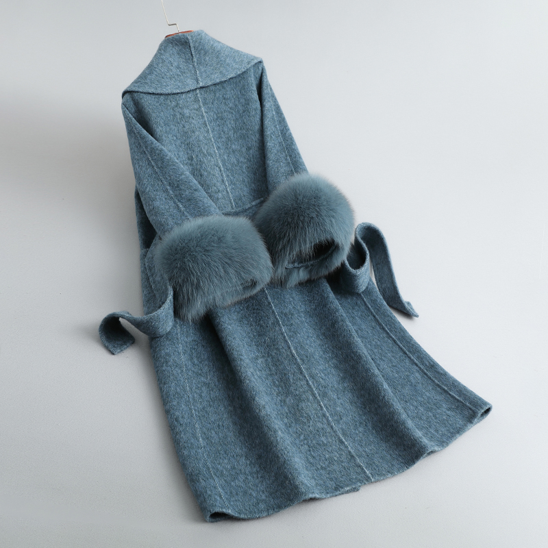 女性用ダブルフェイスウールコート,ロングウェア,キツネの毛皮のカフ付き,エレガントな服,ファッショナブルなジャケット,新しい2023