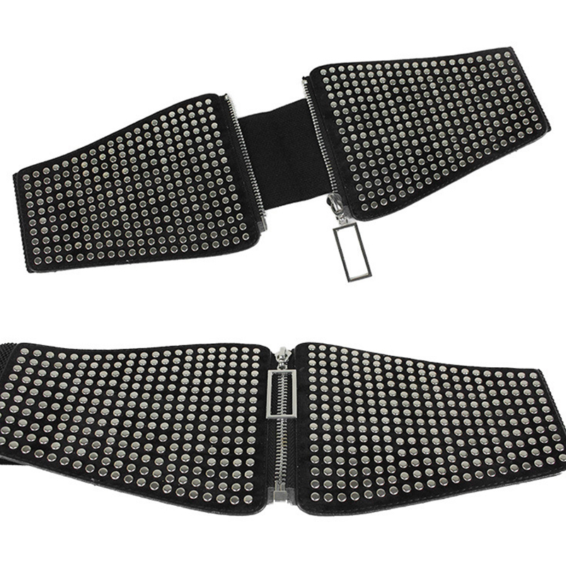 Moda elástica rebite cummerbund cinto de malha preto cintura larga emagrecimento corpo cintura alta senhoras zíper cinto decorativo