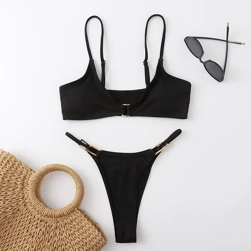 Sexy marron côtelé maillots de bain 2025 Micro String Bikinis ensembles femmes anneau en métal maillots de bain String maillot de bain Bikini baigneurs Biquinis