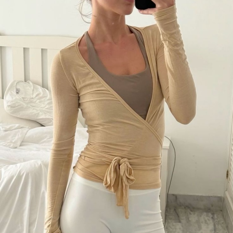 Camisas de yoga para mujer, camisetas de entrenamiento de manga larga con lazo frontal fruncido, top corto informal ajustado con cuello en V profundo sexy