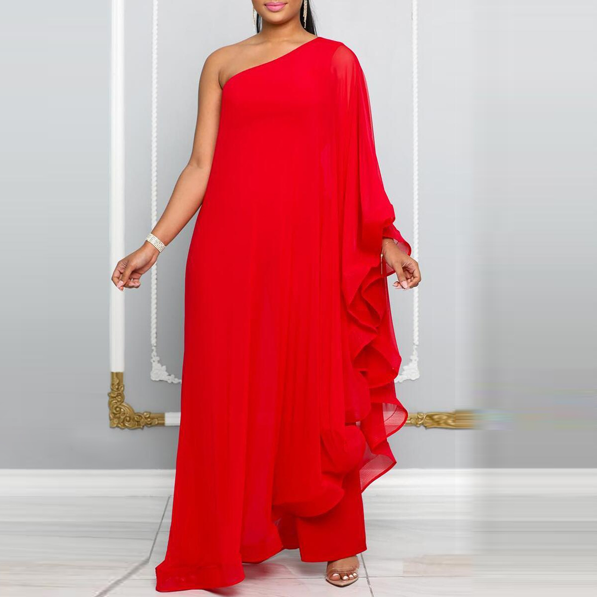 Vrouwen Een Schouder Jumpsuit Ruche Lange Mouw Elegante Effen Asymmetrische Mode Herfst Rompertjes Casual Party Club Jumpsuits 2024