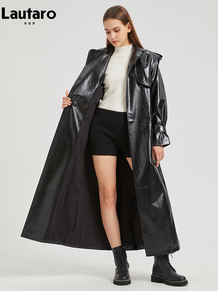 Lautaro-gabardina Extra larga de charol dorado brillante para mujer, abrigo de diseñador de lujo con una hilera de botones, otoño 2024