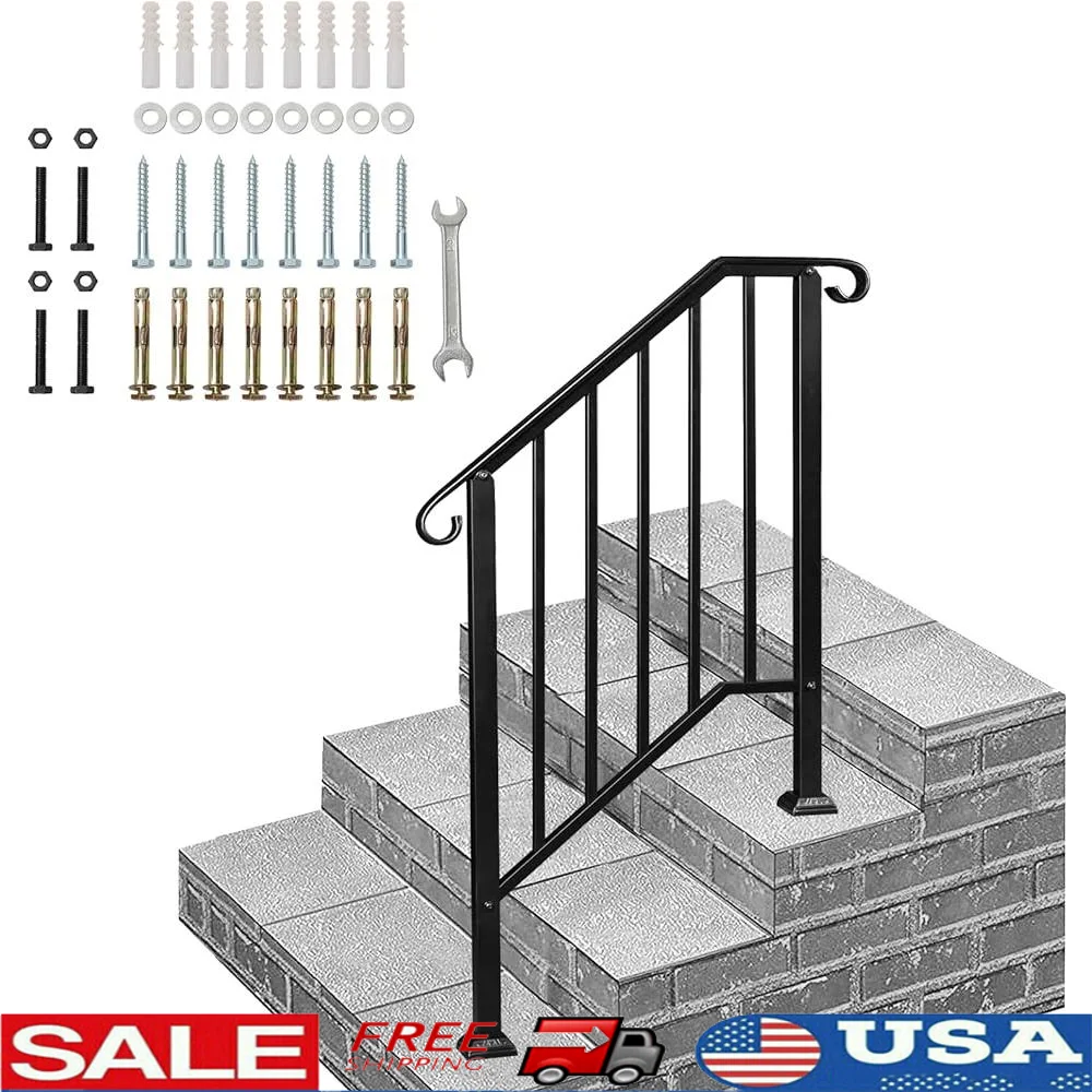 Durable Wrought Iron Outdoor Stair Handrail Adjustable 2 to 3 Steps Safety Railing Kit Easy Installation Seniors and Disabled