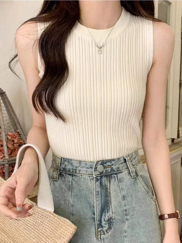 Blusa sem mangas camisa feminina o pescoço costela malha colete tanque simples colete topos verão feminino básico casual topos outfit