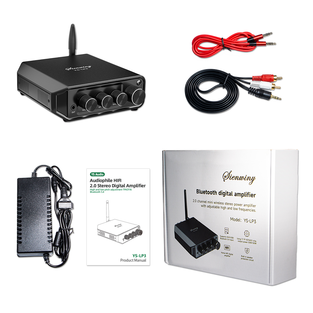 Hi-Fi-Verstärker YS-LP3 mit Bluetooth/AUX/USB-Eingängen 50 W + 50 W Ausgang 280 mV Empfindlichkeit TPA3116 Chip 2.0-Kanal-Stereo