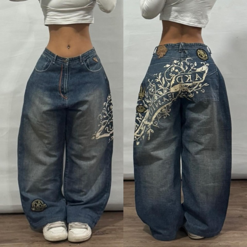 ストリート新ファッション特大プリント刺繍だぶだぶのジーンズ女性 Y2K ゴシック原宿ヴィンテージポップハイウエストワイドレッグパンツ