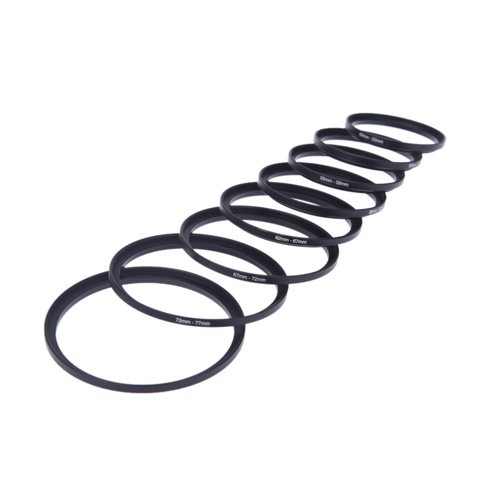 8 個フィルターステップアップリングアダプター 49-52-55-58-62-67-72-77-82mm 49mm-82mm ステップアップリング陽極酸化アルミニウム素材レンズフードとして