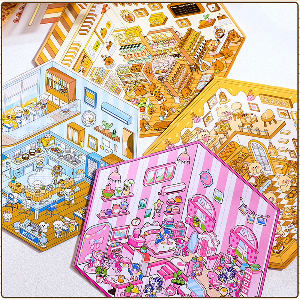 ใหม่! การ์ตูน 3D DIY ภูมิทัศน์สติกเกอร์ฉากขนาดเล็กภาพซ้อนสติกเกอร์สามมิติของขวัญคริสต์มาสสําหรับเด็ก