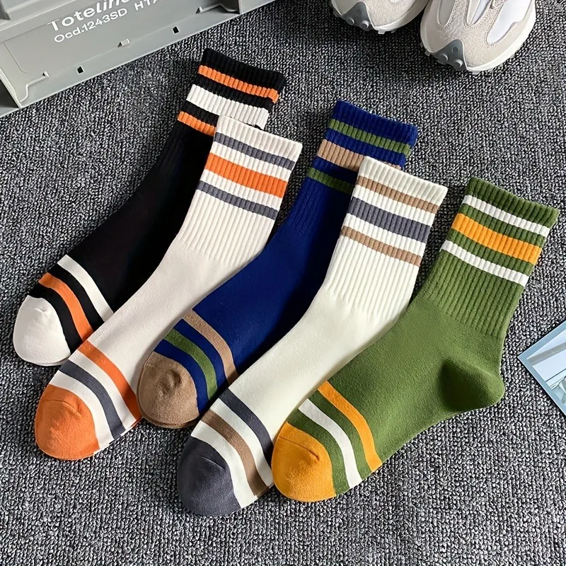 5 pares de calcetines casuales de rayas coloridas para hombre, calcetines deportivos de moda, absorbentes del sudor y transpirables, adecuados para todas las estaciones