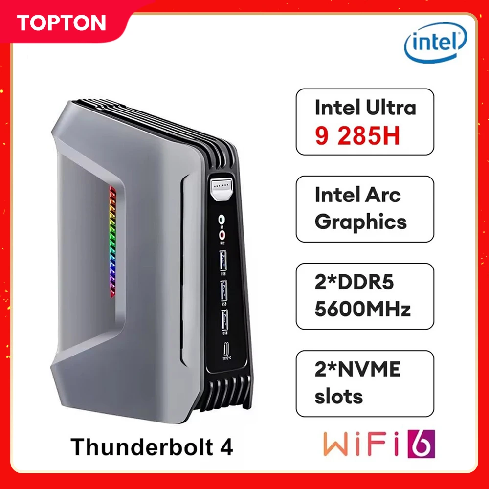 Topton F12 AI Gaming Mini PC 15. generacji Intel Core Ultra 9 285H 7 255H Thunderbolt 4 2xDDR5 2xPCIe 2x2.5G LAN Windows 11 RGB WiFi6