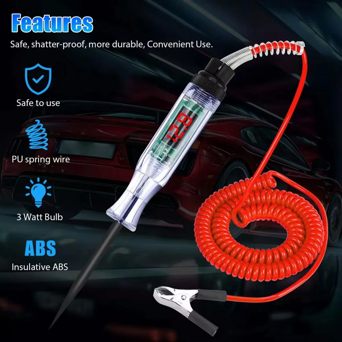 Pantalla Digital de 6/12/24v48v CC, Cable de resorte extendido, probador de circuito de voltaje Digital automotriz, pluma de prueba de luz automotriz para camión
