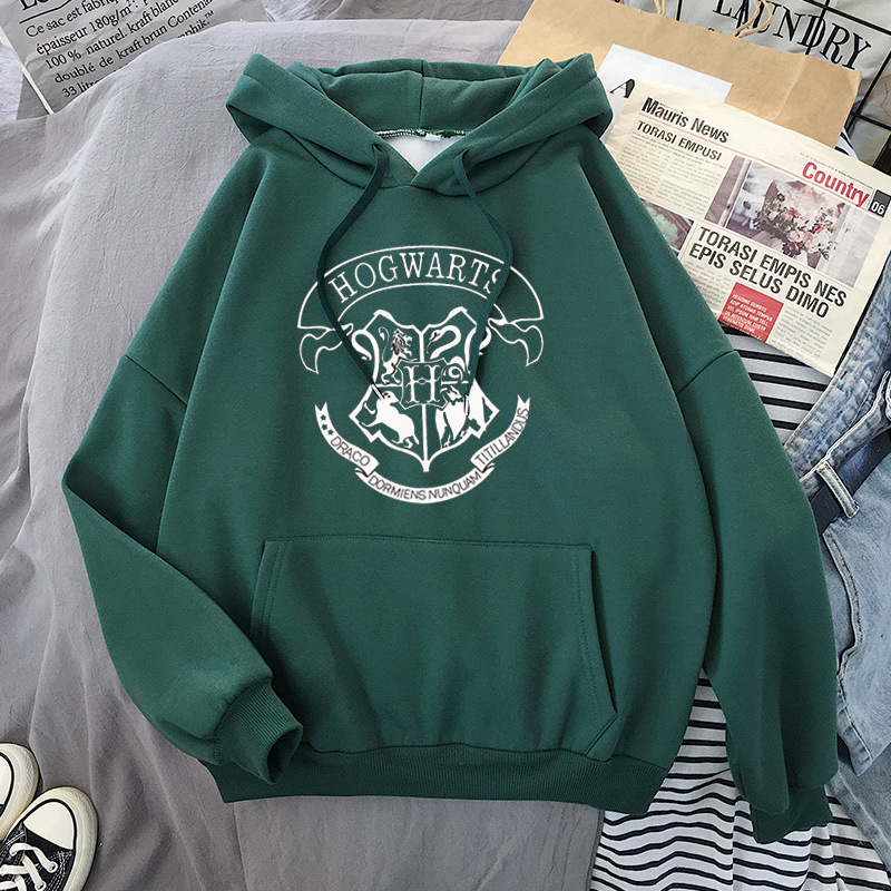 Moda y2k Hogwarts Bluzy z nadrukiem Bluza damska Jesień Zima Długie rękawy Plus Velvet Casual Luźne bluzy z polaru Oversize