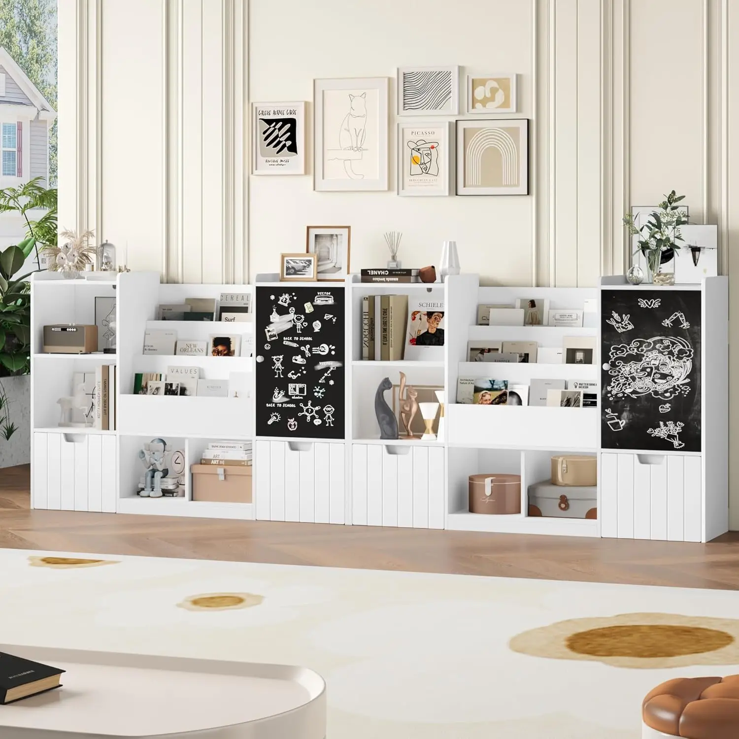 Toy Storage Organizer, 55.1” Large Toy Organizer and Storage with Chalkboard, Kids Bookshelf and Bookcase with 2 Movab
