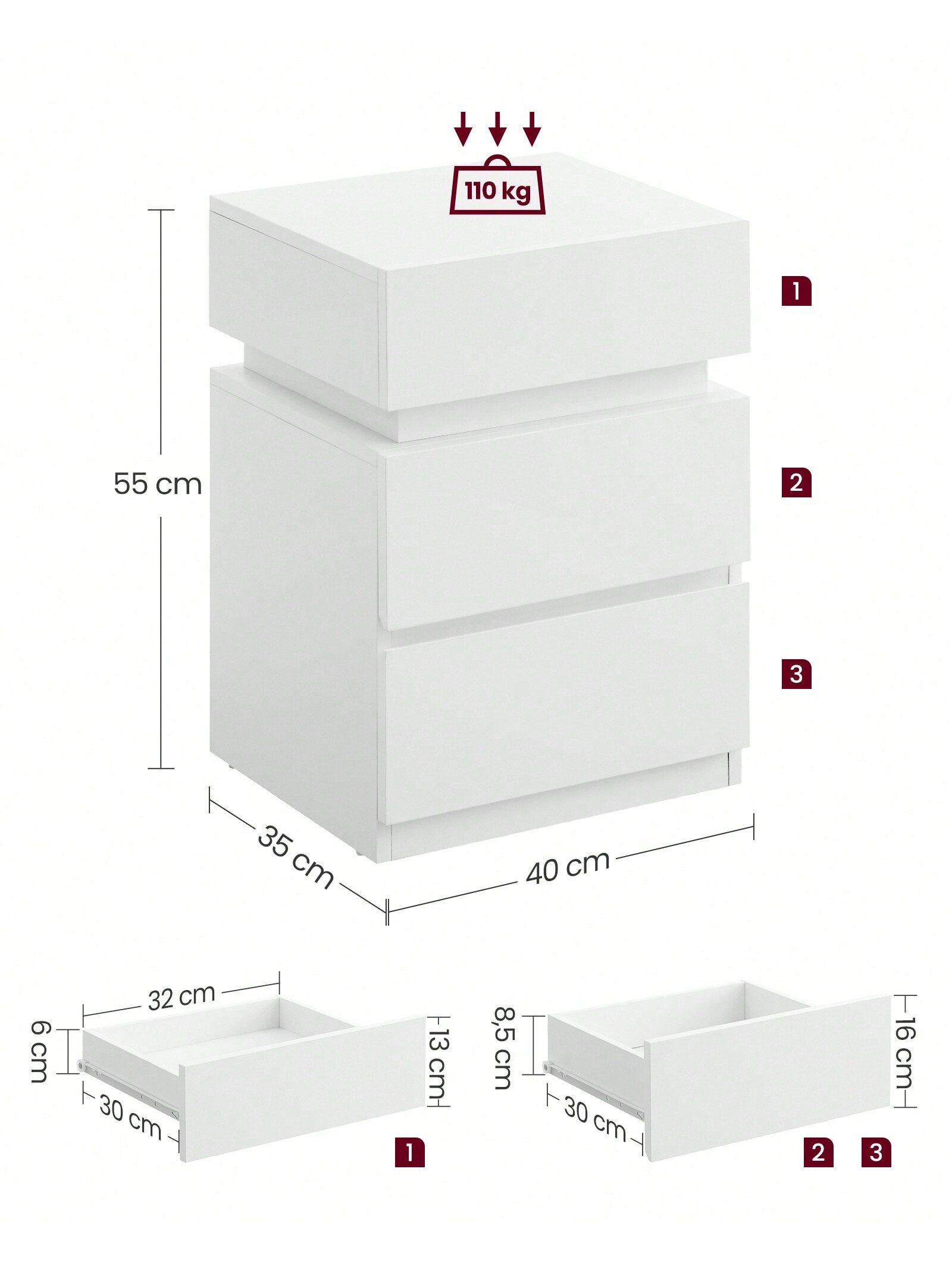 VASAGLE Mesita de Noche con Tira de Luz LED Multicolor Variable, 3 Cajones, Mesa Auxiliar, Estilo Moderno, 35 x 40 x 55 cm, Negro con Veta de Madera/Blanco