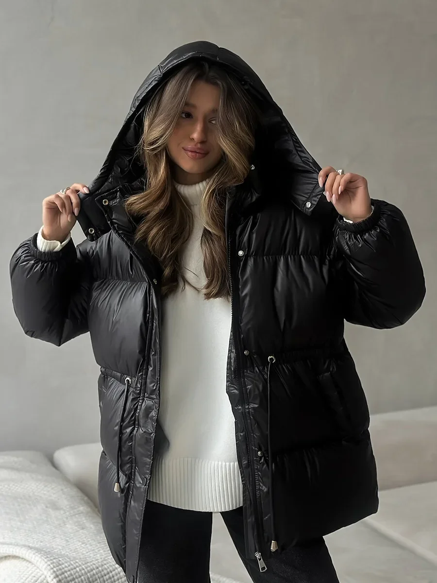 Wolfeel jaqueta de algodão slim fit com cordão, jaqueta feminina de inverno com capuz e zíper, robe de algodão confortável e quente