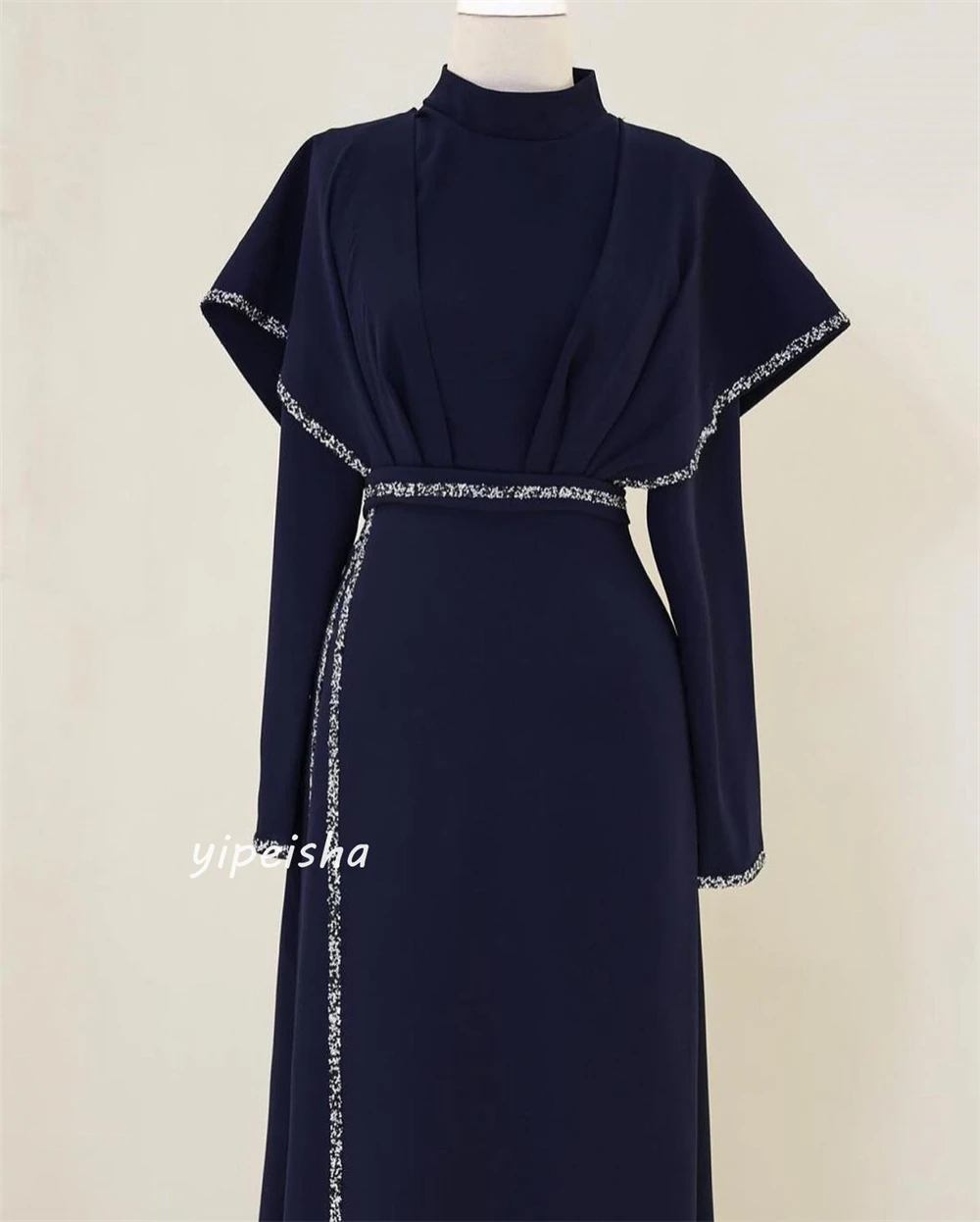 Customized Jersey Sequined Ruched Prom A-line High Collar Bespoke Occasion Gown Midi Dresses Saudi Arabia Evening Dress for Wome