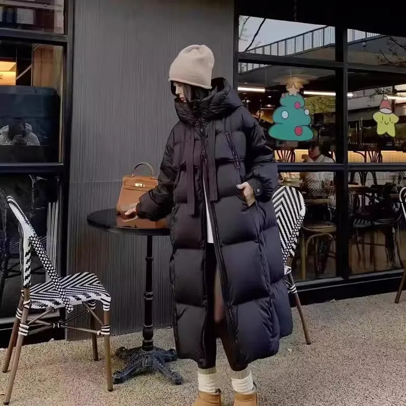 Abrigo de invierno negro para mujer, Parka de algodón grueso, chaqueta coreana de gran tamaño, abrigos holgados con capucha, abrigo largo informal para mujer 2025