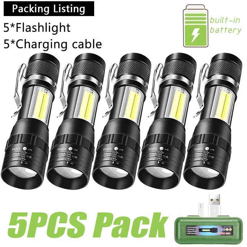 Minilinterna LED con Zoom, lámpara COB + XPE con batería integrada, luz de bolsillo de emergencia impermeable para exteriores con Clip para bolígrafo, 1-5 uds.