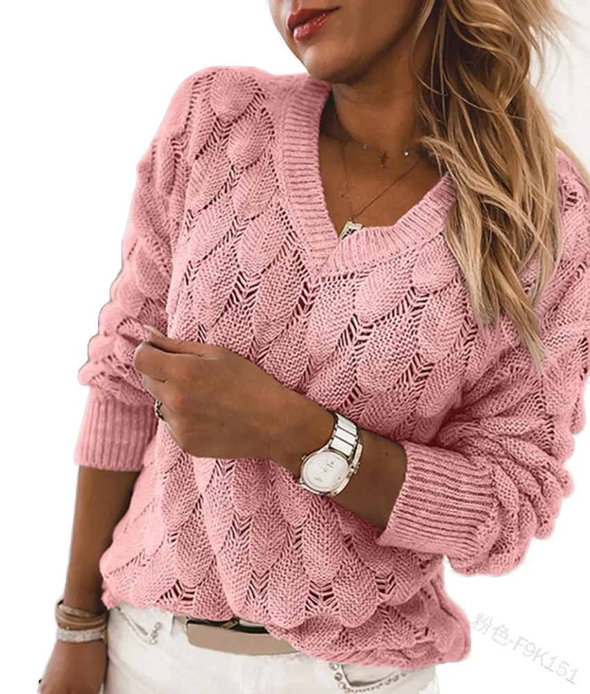 Pullover Mode frauen Pullover Langarm 2022 Frauen Pullover V-ausschnitt Aushöhlen Einfarbig Casual Pullover Top