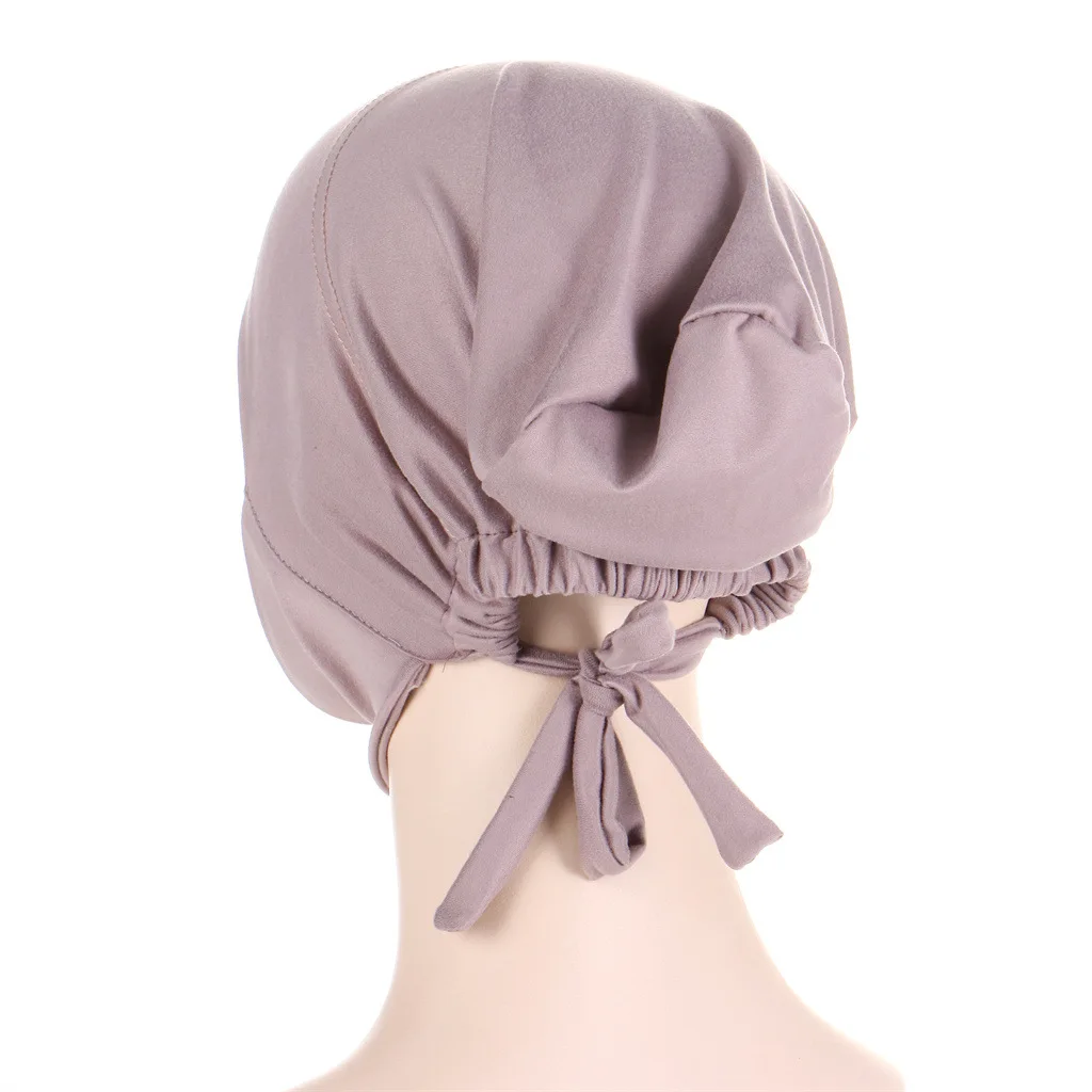 Turbante suave y elástico para mujer, gorro con cordones, Hijab interior ligero, Color sólido