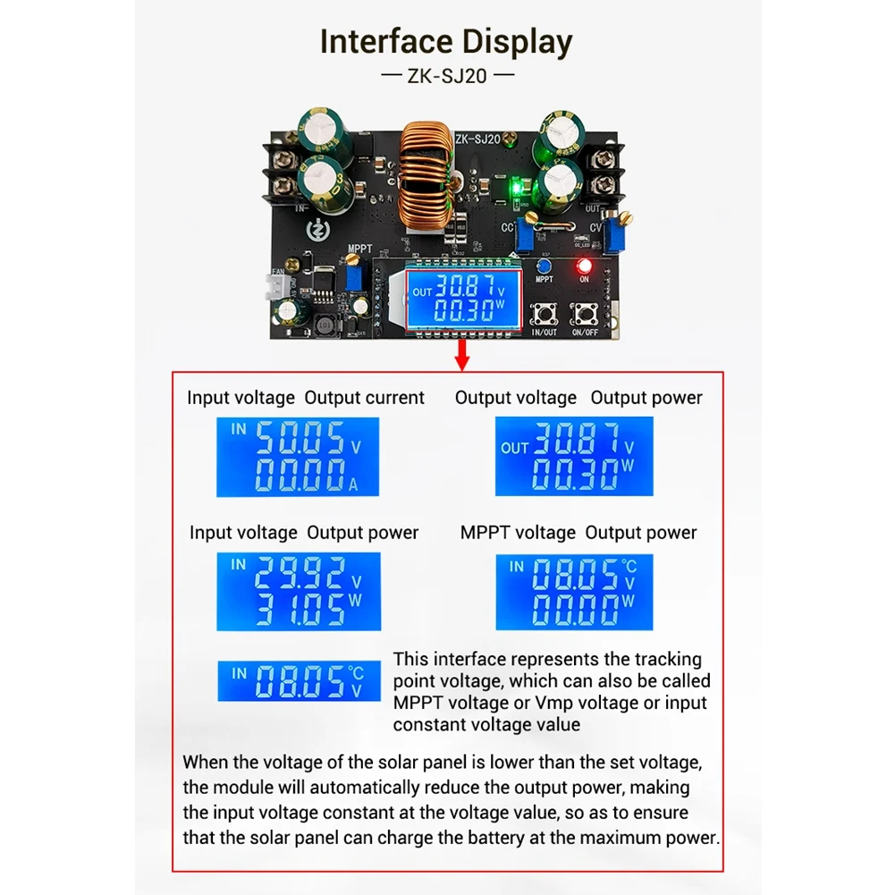 Automático Step Up Down Module, MPPT com display LCD, ZK-SJ20