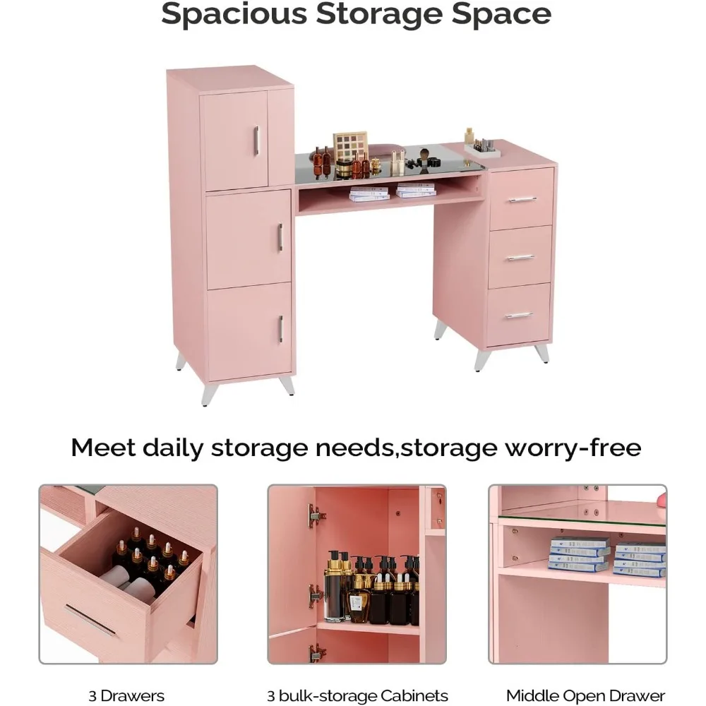 Manicure Table Nail Desk, Glass Top & Wrist Rest, 3 Side Cabinet+3 Drawers+3 Layers Open Cabinet+1 Open Drawer, Salon Nail Desk