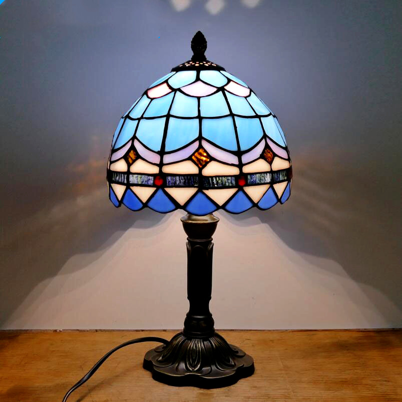 Retro Buntglas Tischlampe E27 Bunte Kunst Lampenschirm Mediterraner Stil Barock Tischleuchte Schlafzimmer Nachttisch Dekor Beleuchtung